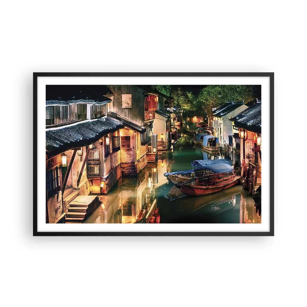 Poster in een zwarte lijst - Een avond op een Chinese straat - 91x61 cm