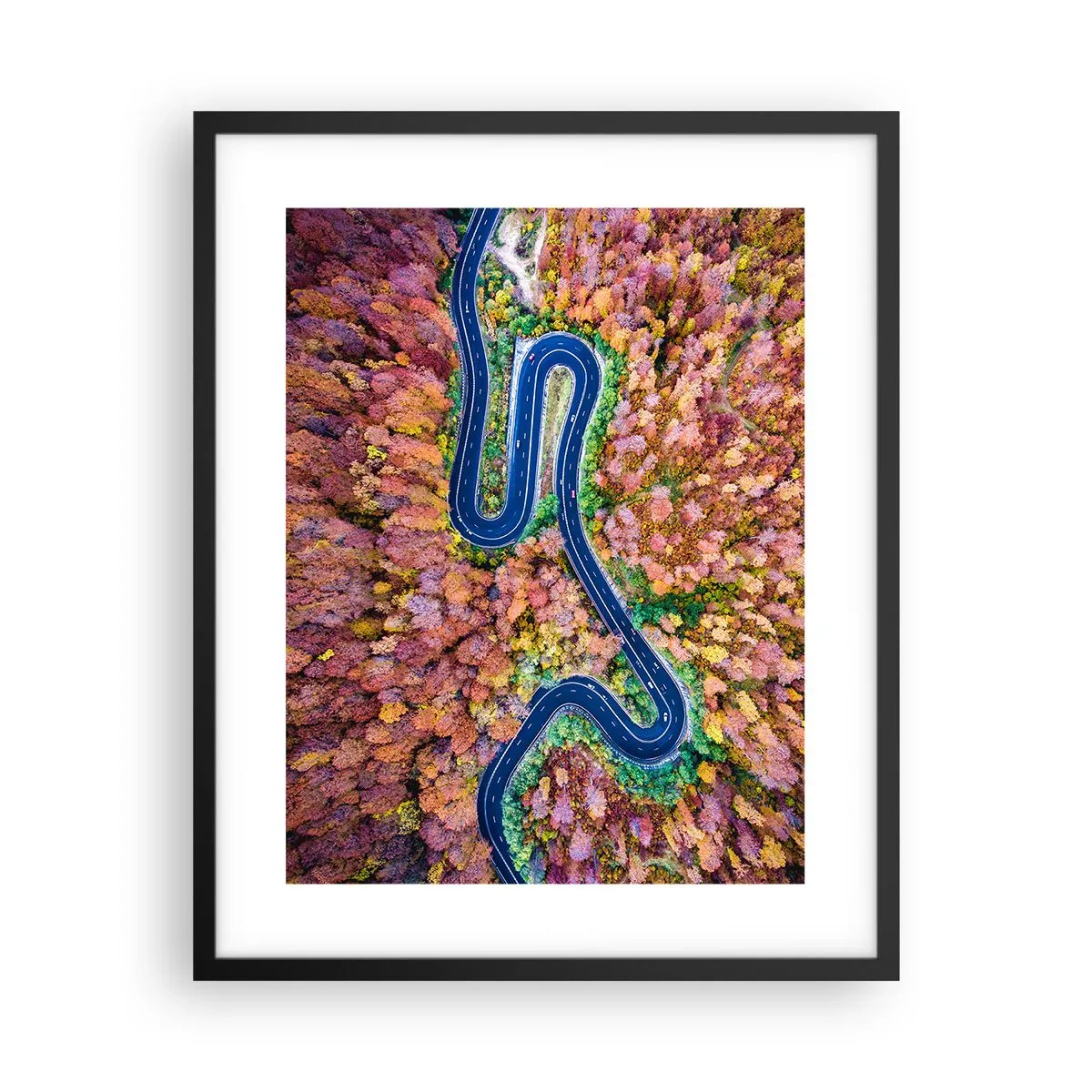 Poster in een zwarte lijst - Een kronkelende weg door het bos - 40x50 cm
