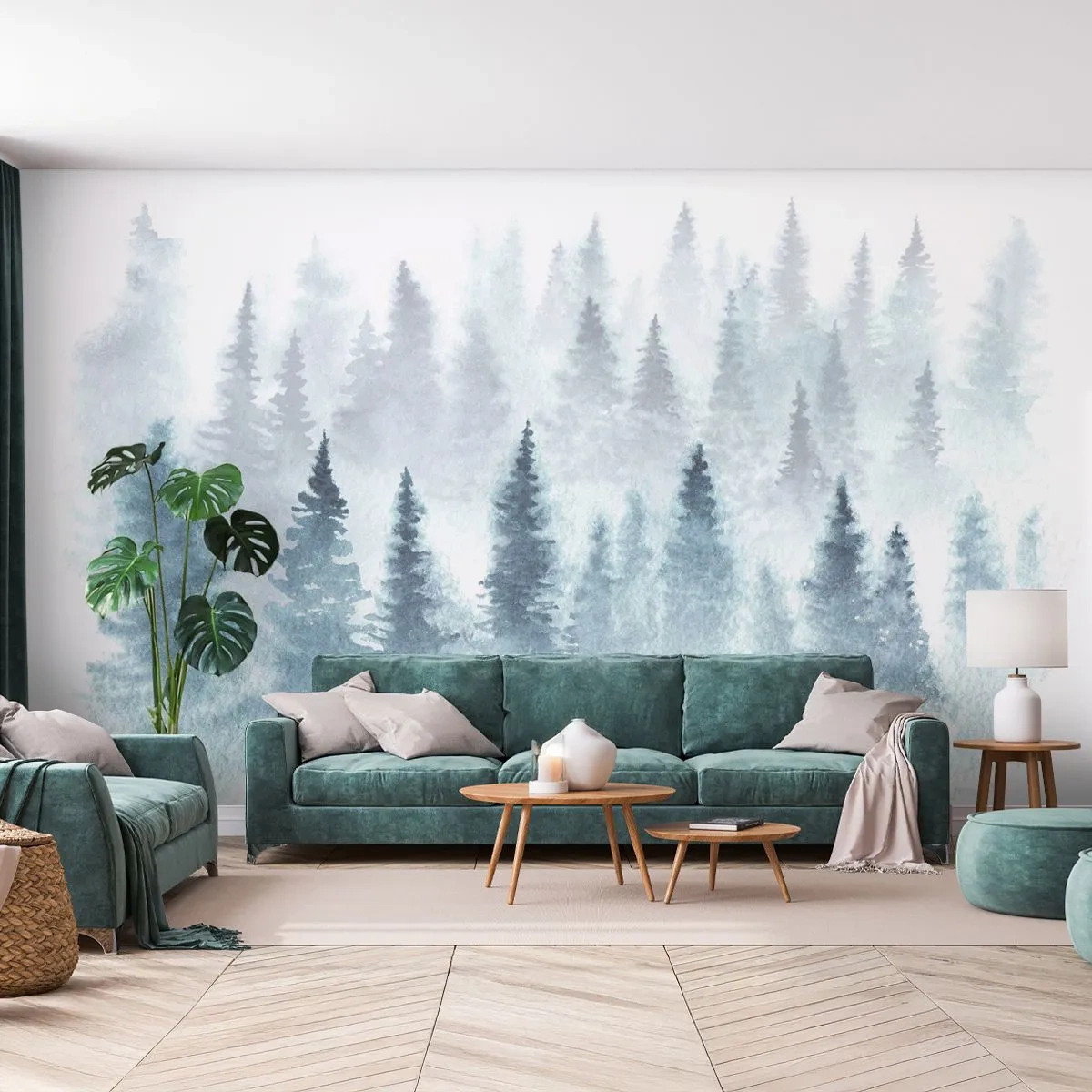 Fotobehang Standard Eco - Gehuld in mist - Landschap, Woud, Sparren - 400x280 cm