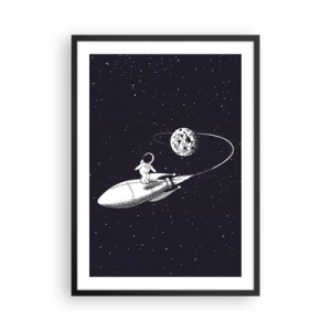 Poster in een zwarte lijst - Een astronaut die op een raket staat en door de ruimte vliegt - 50x70cm - Spacesurfer - Moderne wanddecoratie voor woonkamer en slaapkamer ARTTOR