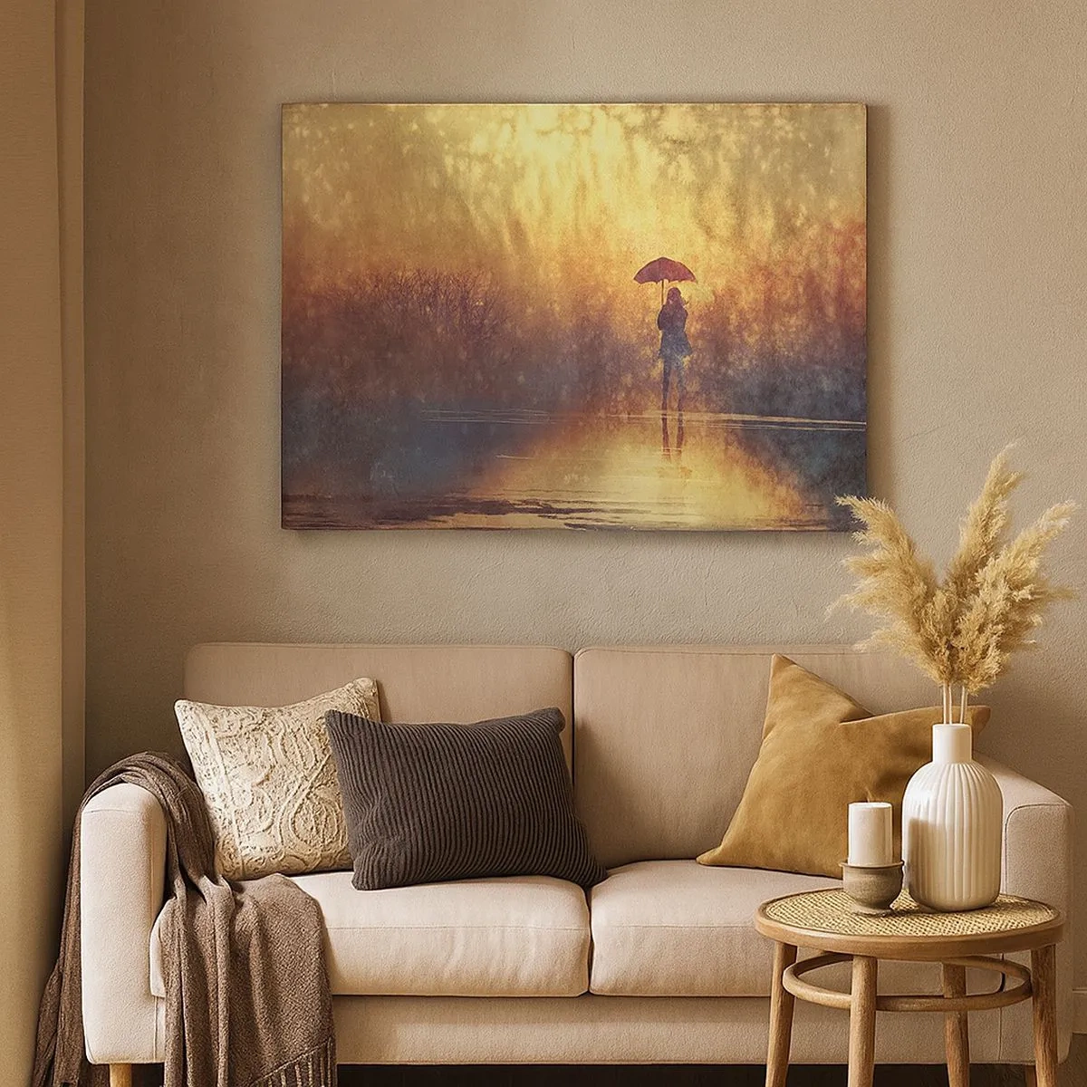 Schilderen op canvas - Een figuur met een paraplu in een mistig landschap vol reflecties - 70x50cm - Ik voel dat iemand naar me kijkt - Moderne wanddecoratie voor woonkamer en slaapkamer ARTTOR