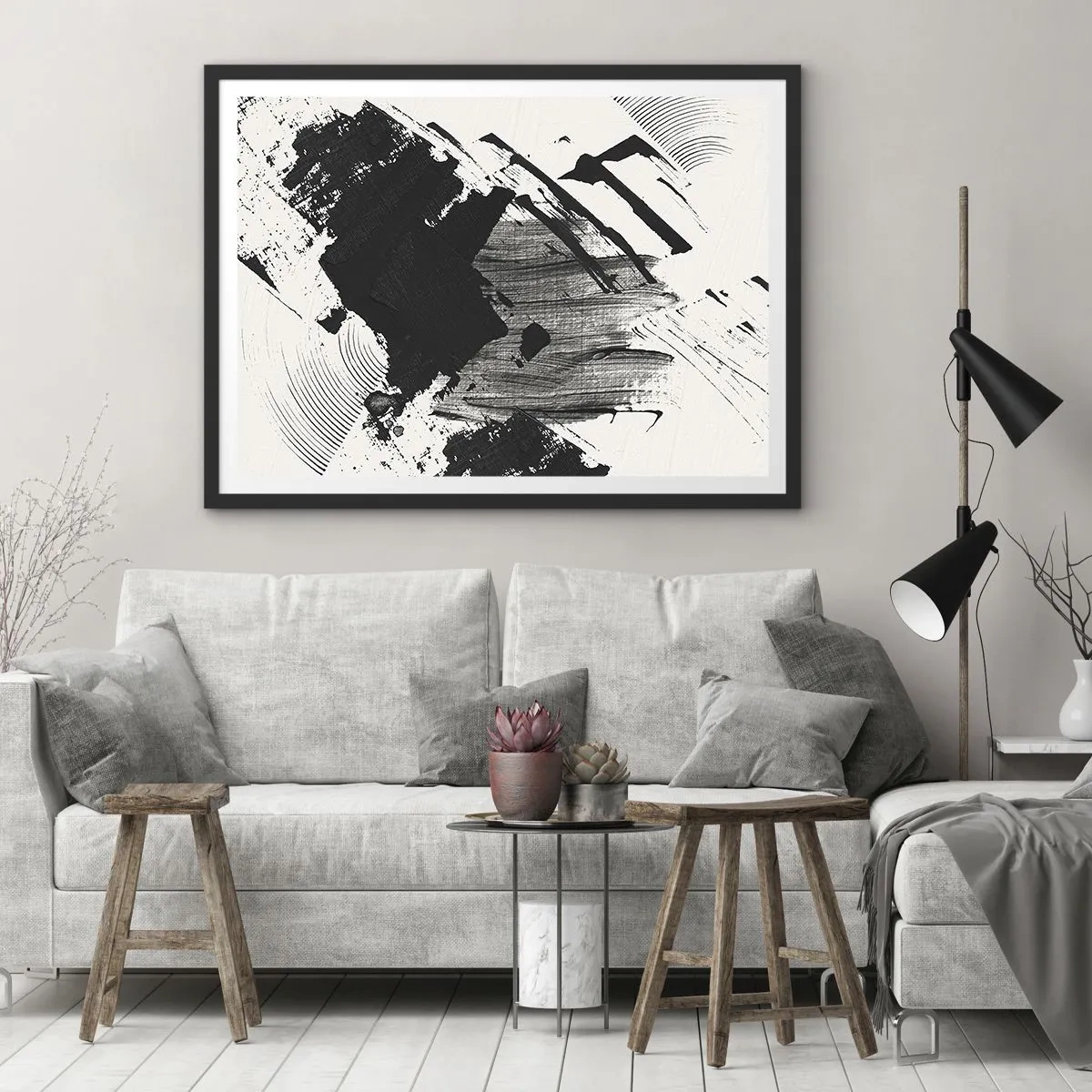 Poster in een zwarte lijst - Abstractie – expressie van zwart - 50x40 cm