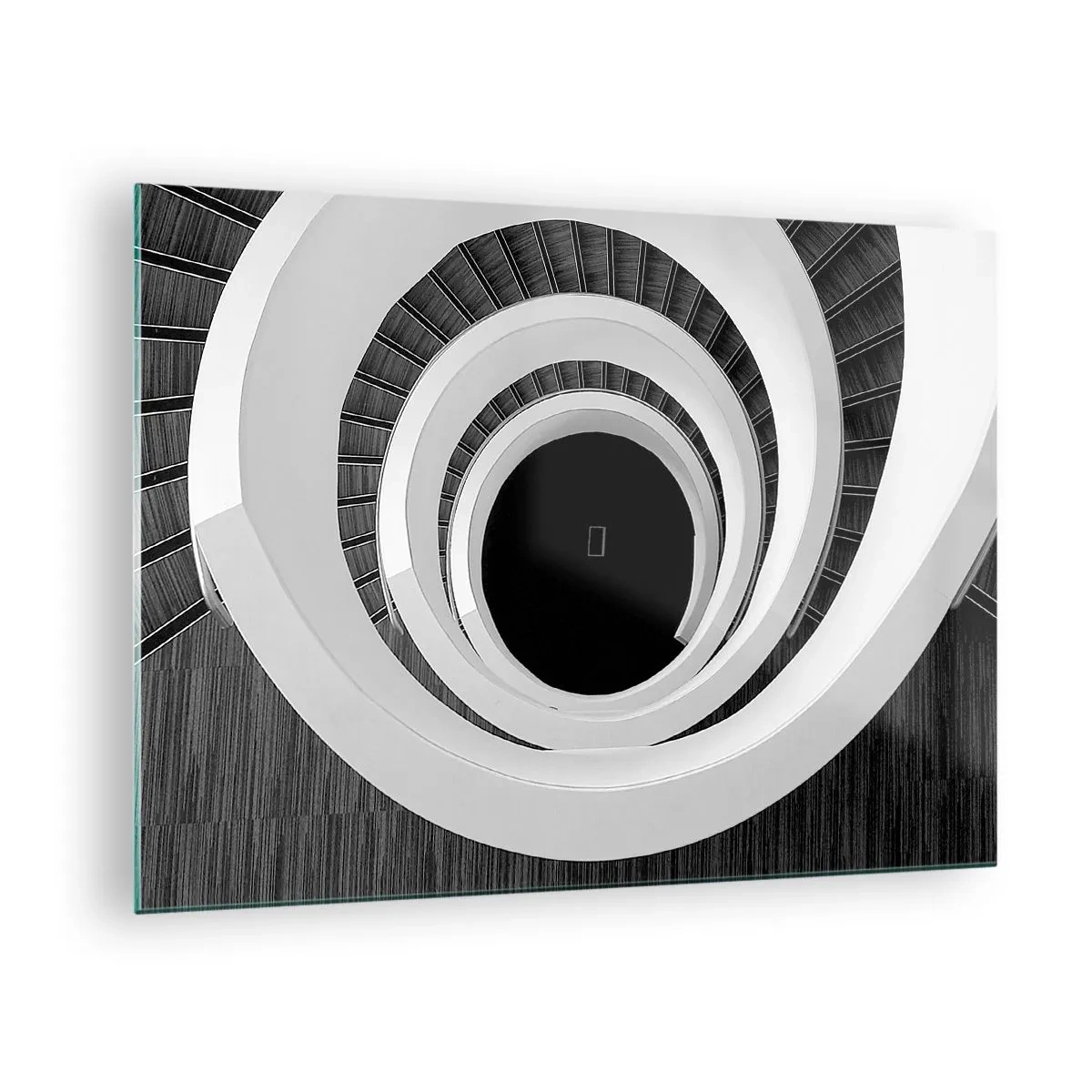 Schilderen op glas - Zwart-witte wenteltrap van bovenaf - 70x50cm - Tot de kern van de zaak - Moderne wanddecoratie voor woonkamer en slaapkamer ARTTOR