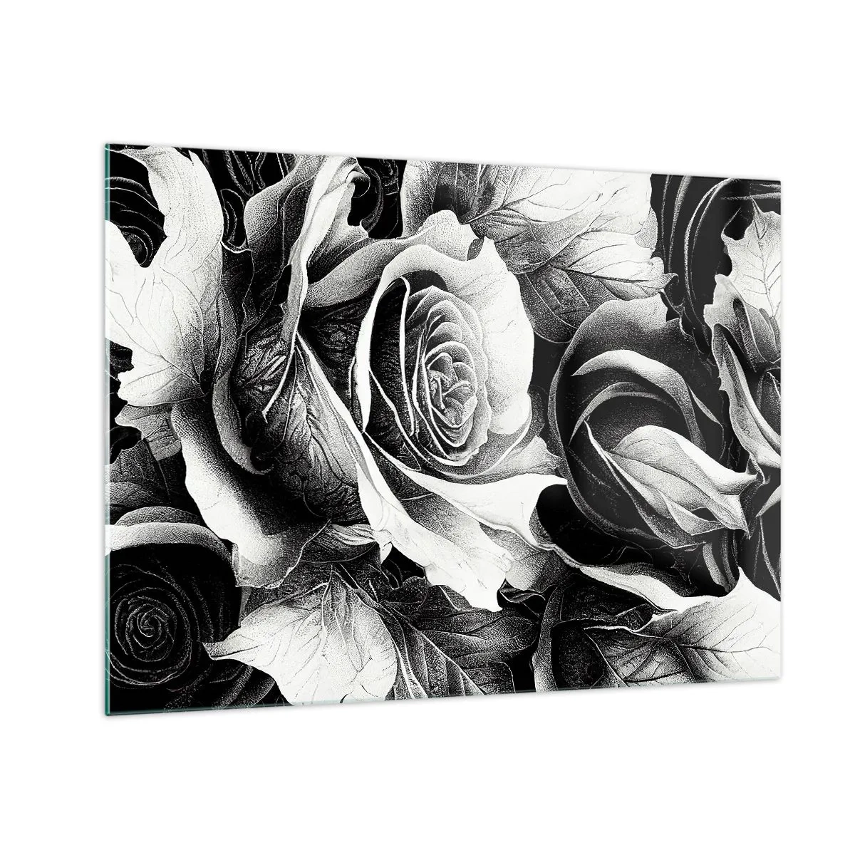 Schilderen op glas - Zwart-wit rozenbloemstuk met details - 70x50cm - Altijd een koningin - Moderne wanddecoratie voor woonkamer en slaapkamer ARTTOR