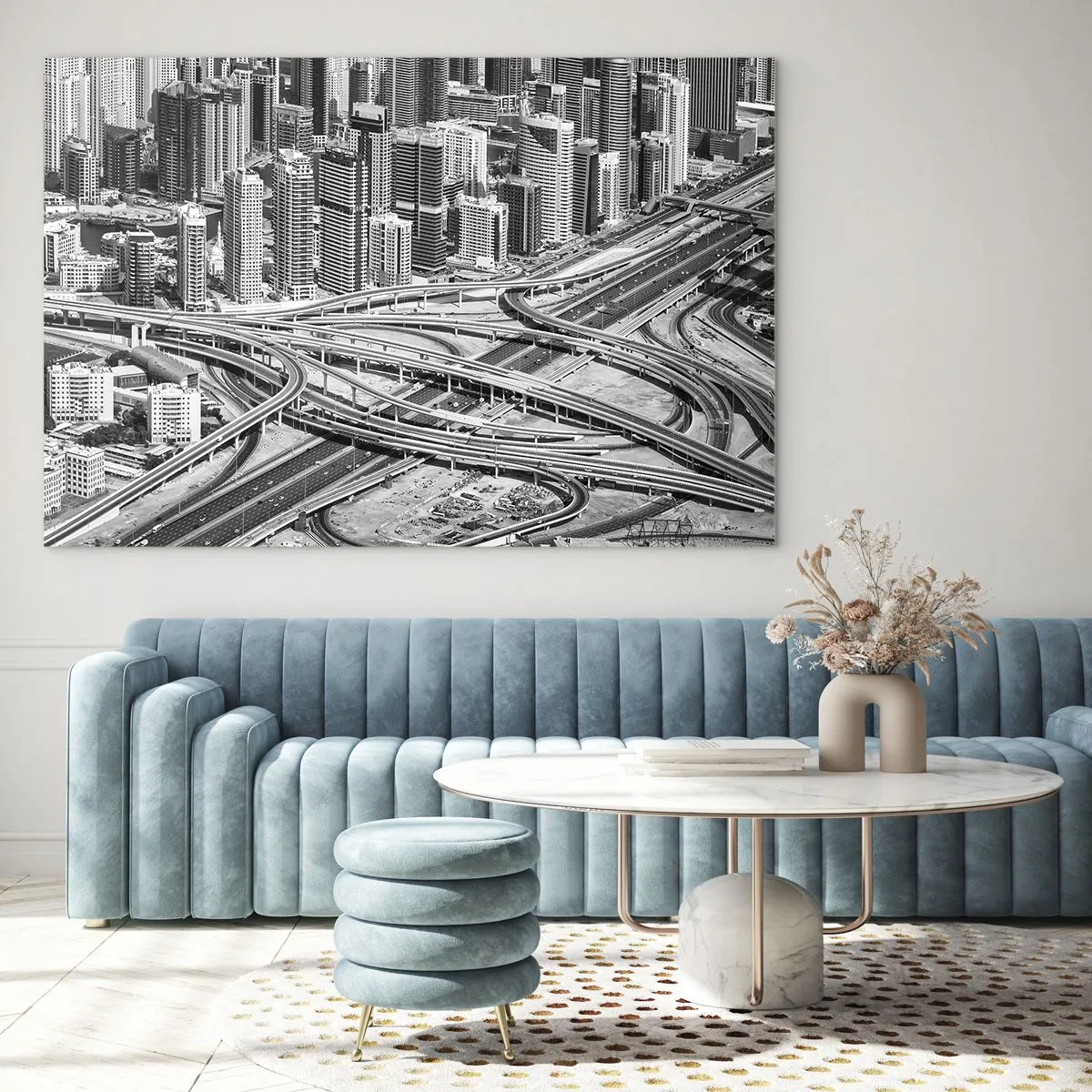 Schilderen op glas - Zwart-wit panorama van de stad met een snelwegknooppunt - 70x50cm - Dubai - de onmogelijke stad - Moderne wanddecoratie voor woonkamer en slaapkamer ARTTOR