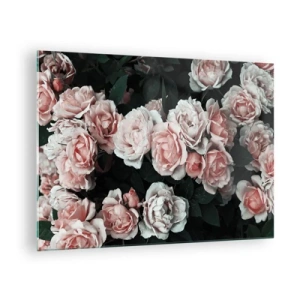 Schilderen op glas - Een close-up van een boeket roze rozen op een donkere achtergrond - 70x50cm - Rozen ensemble - Moderne wanddecoratie voor woonkamer en slaapkamer ARTTOR