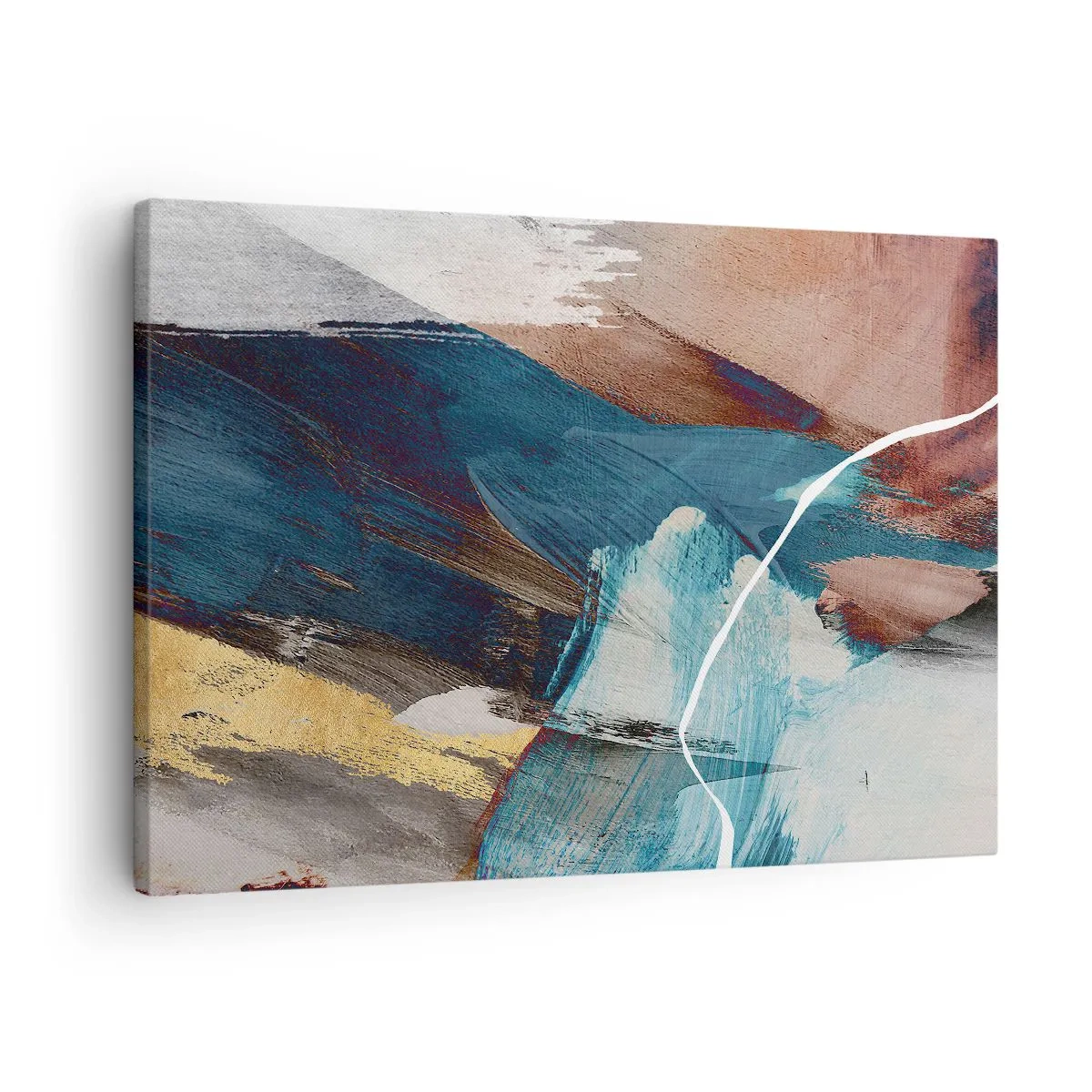 Schilderen op canvas - Abstracte penseelstreken in tinten blauw en goud - 70x50cm - Met panache en energie - Moderne wanddecoratie voor woonkamer en slaapkamer ARTTOR