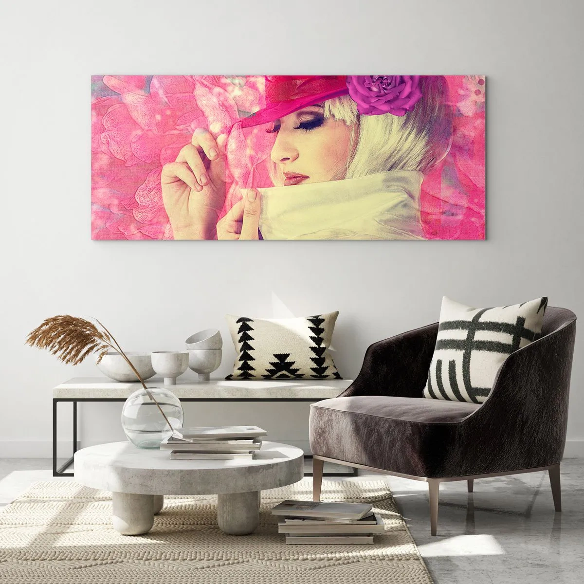 Schilderen op glas - Retro portret in een roze mist - 140x50 cm