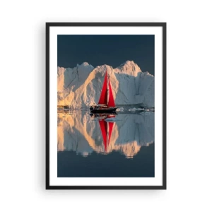 Poster in een zwarte lijst - Het rode zeil van een boot tegen de achtergrond van gletsjers en kalm water - 50x70cm - Aan de rand van de wereld - Moderne wanddecoratie voor woonkamer en slaapkamer ARTTOR