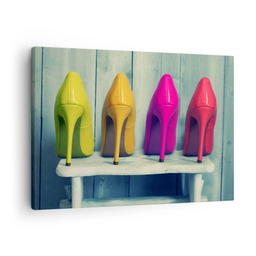 Schilderen op canvas - Kleurrijke hoge hakken tegen een houten muur - 70x50cm - Loop op de regenboog - Moderne wanddecoratie voor woonkamer en slaapkamer ARTTOR