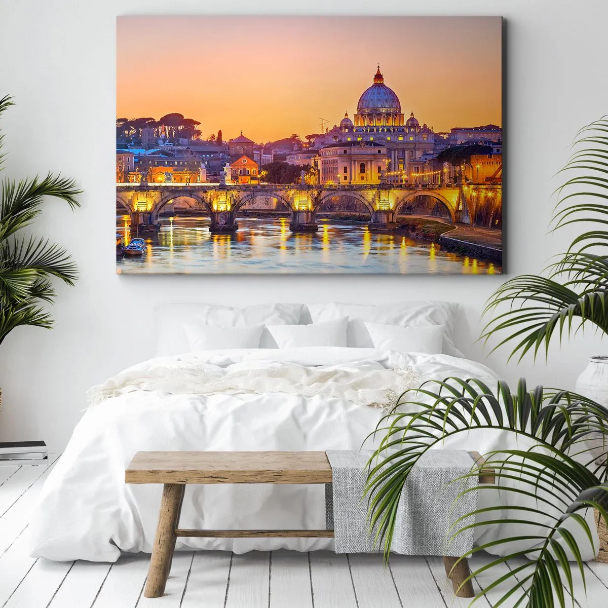 Schilderen op canvas - Panorama van het Vaticaan bij zonsondergang met een brug over de rivier - 70x50cm - Zonsondergang boven de Eeuwige Stad - Moderne wanddecoratie voor woonkamer en slaapkamer ARTTOR