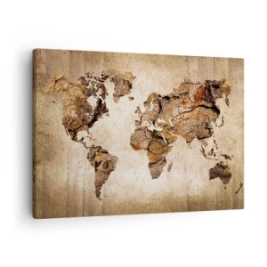Schilderen op canvas - Een wereldkaart in een houten, rustieke stijl - 70x50cm - Ontdekking van de wereld - Moderne wanddecoratie voor woonkamer en slaapkamer ARTTOR