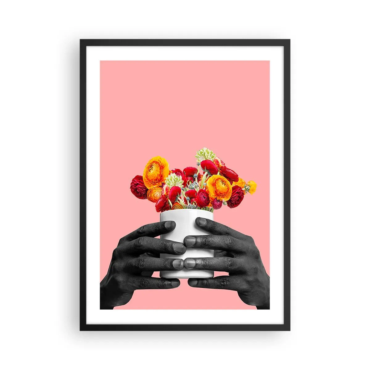 Poster in een zwarte lijst - Zwarte handen die een boeket bloemen vasthouden op een roze achtergrond - 50x70cm - De apotheose van het leven - Moderne wanddecoratie voor woonkamer en slaapkamer ARTTOR