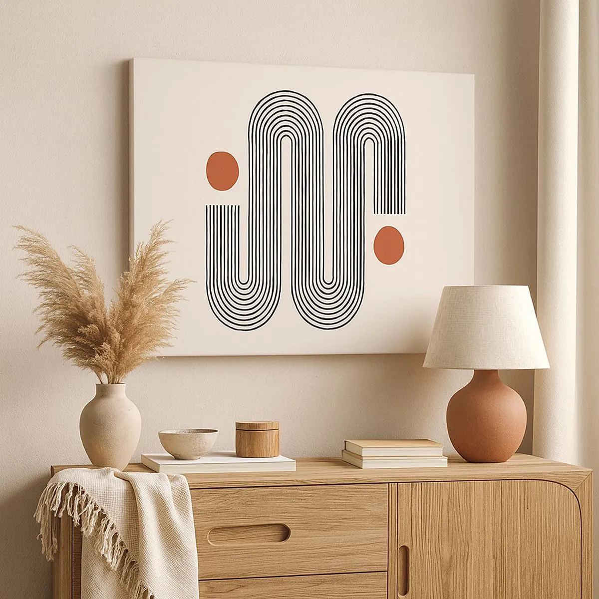 Schilderen op canvas - Geometrisch patroon met lijnen en oranje cirkels - 70x50cm - Van het begin tot het eind - Moderne wanddecoratie voor woonkamer en slaapkamer ARTTOR