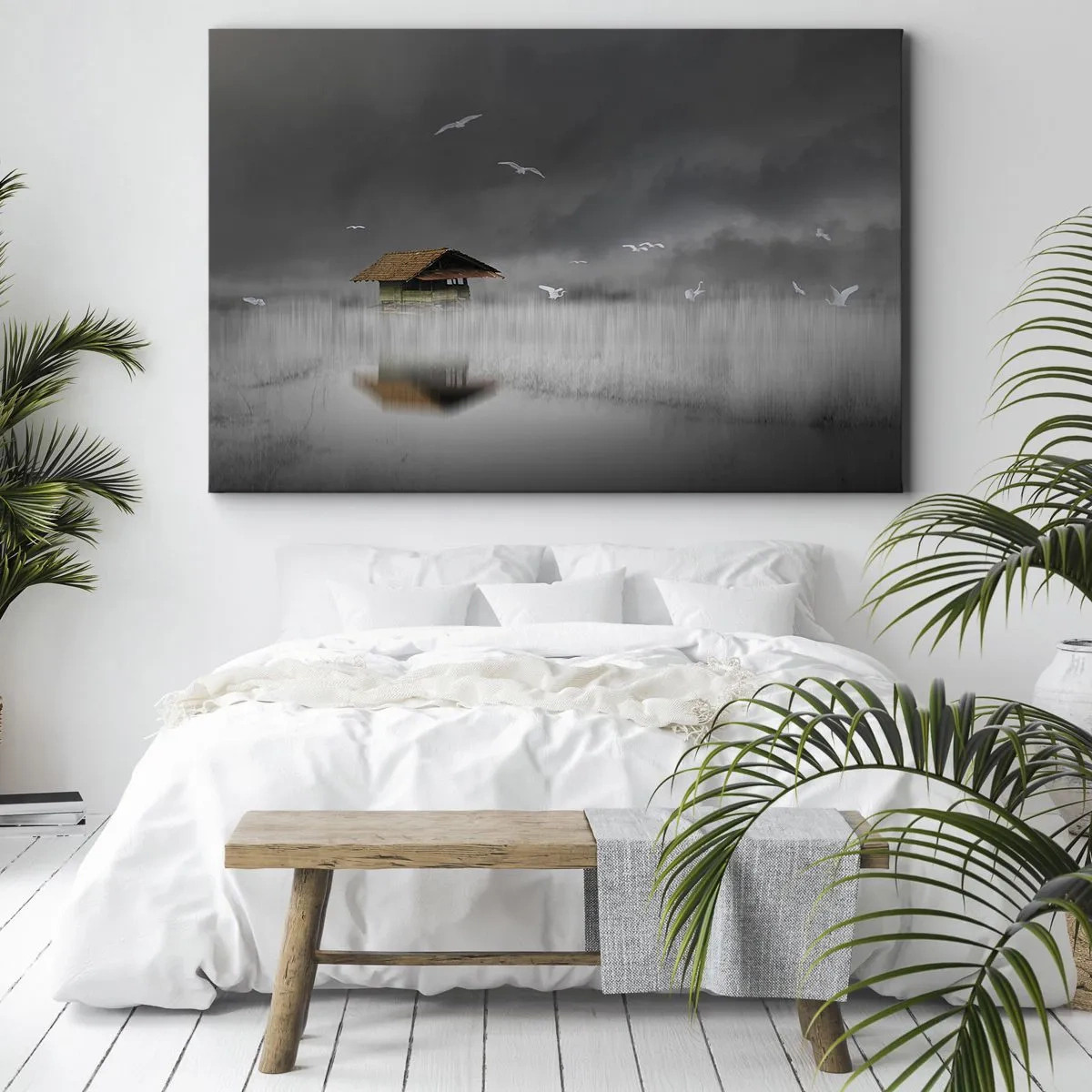 Schilderen op canvas - Een eenzaam huisje aan het water, omringd door mist en vogels - 70x50cm - Beschutting tegen regen - Moderne wanddecoratie voor woonkamer en slaapkamer ARTTOR