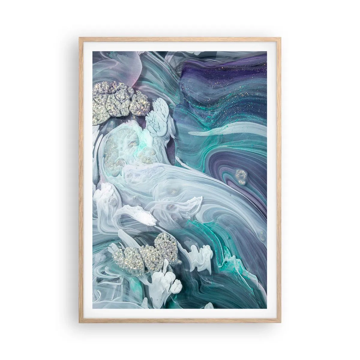 Een poster in een licht eiken lijst - Stromingen van hemelsblauw - 70x100 cm