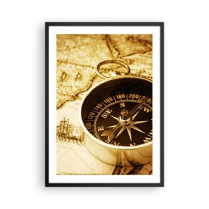 Poster in een zwarte lijst - Een kompas op een sepia-getinte kaartachtergrond - 50x70cm - Oost of west? - Moderne wanddecoratie voor woonkamer en slaapkamer ARTTOR