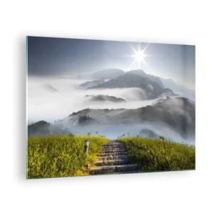Schilderen op glas - Berglandschap met mist en trappen die naar de top leiden - 70x50cm - Nog steeds tot in de wolken - Moderne wanddecoratie voor woonkamer en slaapkamer ARTTOR