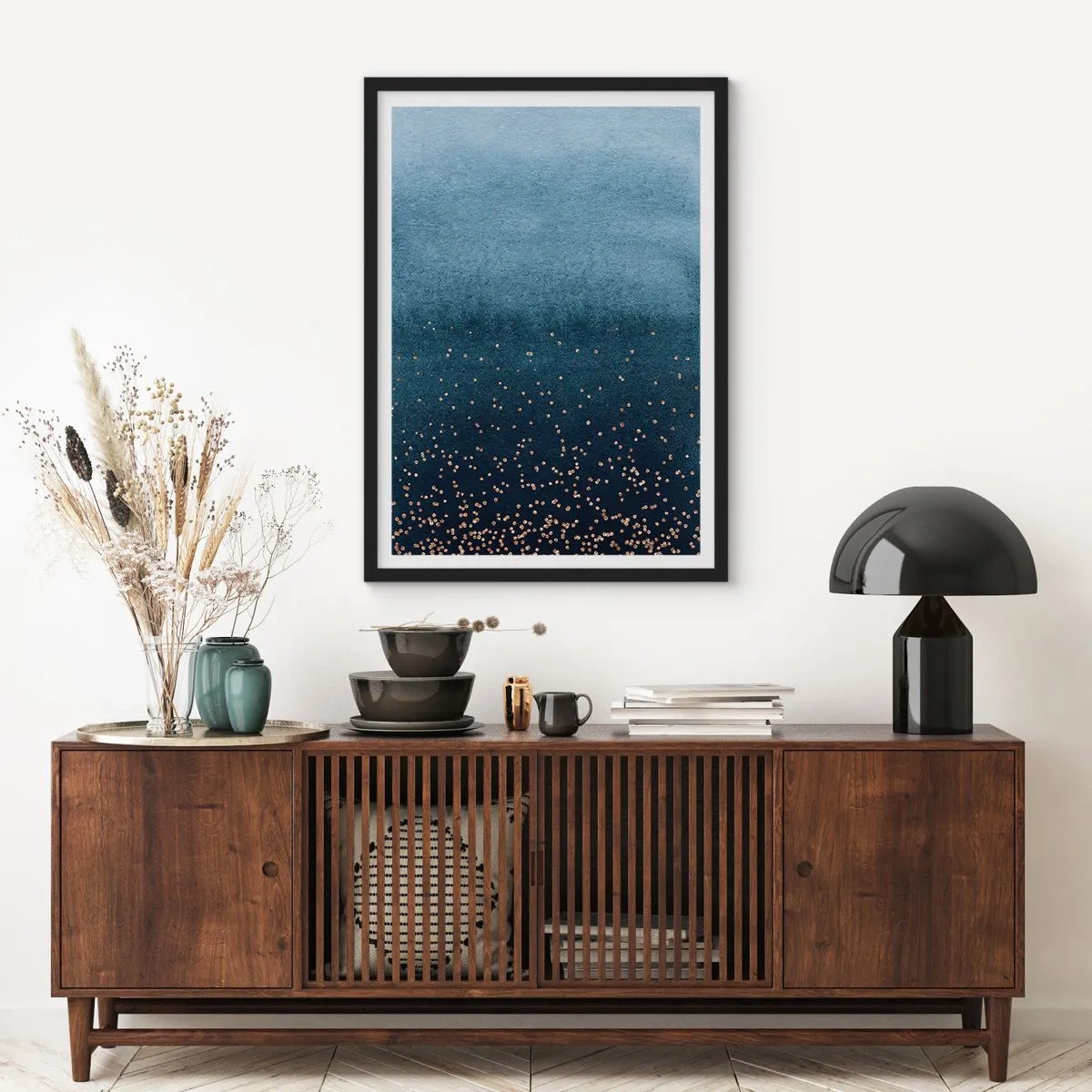 Poster in een zwarte lijst - Samenstelling - blauwe fasen - 40x50 cm