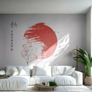 Fotobehang Standard Eco - Oosterse afbeelding met een rode zon en een herfstboom - 100x70cm - Kent u dit land? - Moderne wanddecoratie voor woonkamer en slaapkamer ARTTOR
