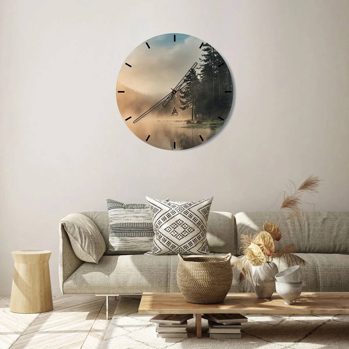 Wandklok - Klok - Een mistig boslandschap boven een rustig meer - 30x30cm - De geboorte van de dag - Moderne wanddecoratie voor woonkamer, keuken en slaapkamer ARTTOR