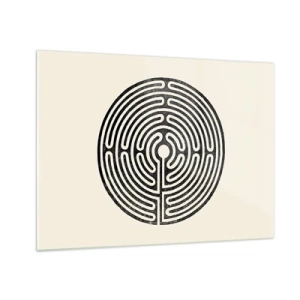 Schilderen op glas - Een zwart-wit doolhof in een ronde vorm op een lichte achtergrond. - 70x50cm - Mysterieuze orde - Moderne wanddecoratie voor woonkamer en slaapkamer ARTTOR