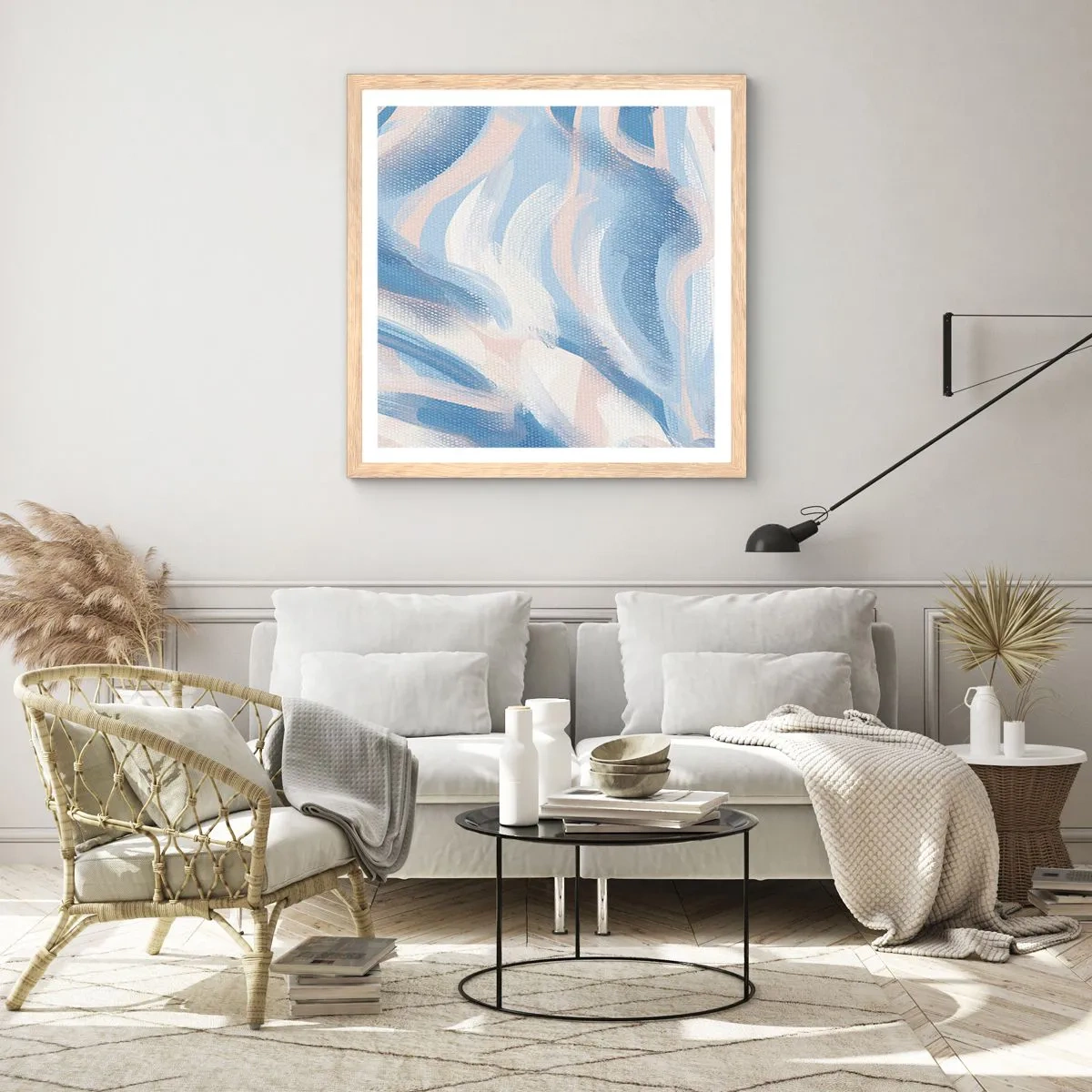 Een poster in een licht eiken lijst - Blauwe golven - 40x40 cm