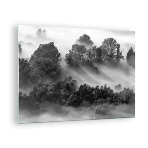 Schilderen op glas - Mistig bos in zonlicht in zwart-wit - 70x50cm - Opstaand 