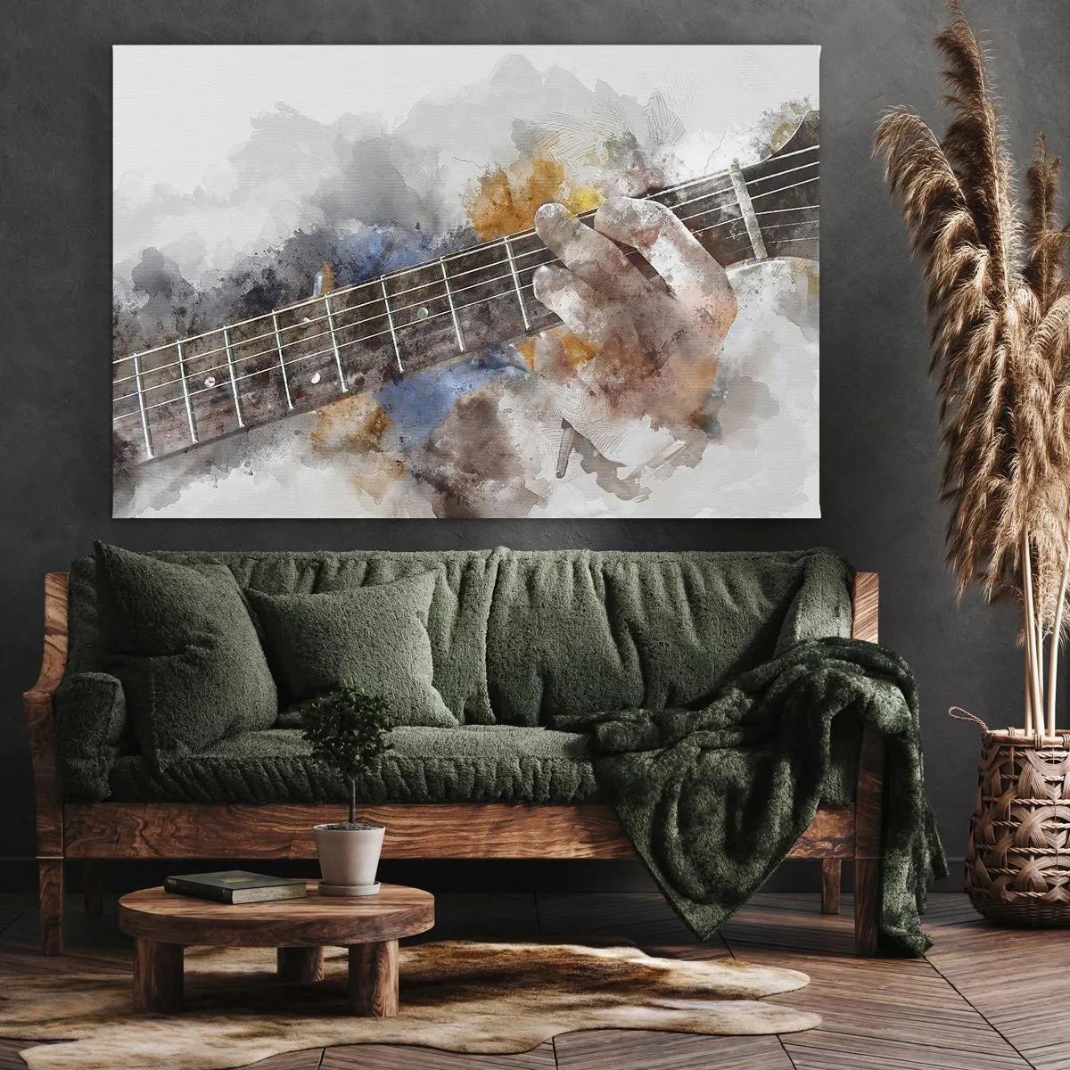 Schilderen op canvas - Abstract beeld van een hand die gitaar speelt - 70x50cm - Poëzie tussen de snaren - Moderne wanddecoratie voor woonkamer en slaapkamer ARTTOR