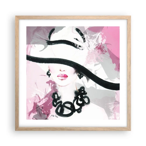 Een poster in een licht eiken lijst - Portret van een dame in zwart en roze - 50x50 cm