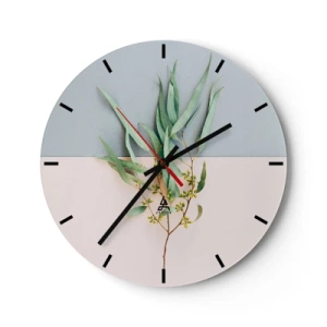 Wandklok - Klok - Een groene tak tegen een achtergrond van blauwe en beige pastels - 30x30cm - Subtiliteit in pastelkleuren - Moderne wanddecoratie voor woonkamer, keuken en slaapkamer ARTTOR