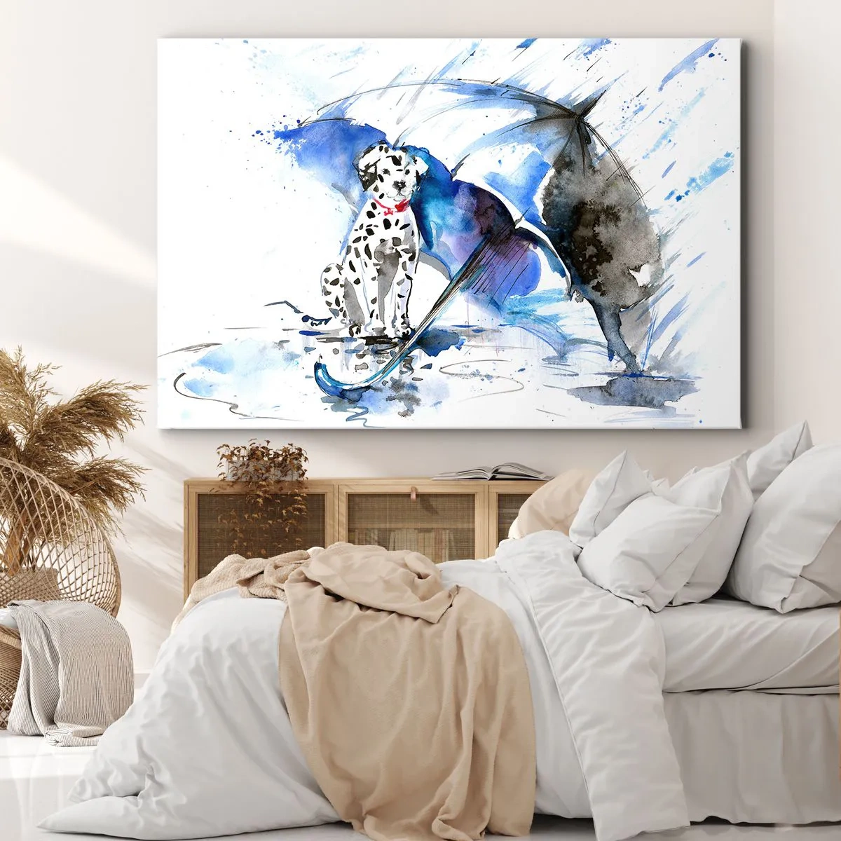 Schilderen op canvas - Aquarelschilderij van een Dalmatische hond met een paraplu op de achtergrond - 70x50cm - Daar is een vriend voor - Moderne wanddecoratie voor woonkamer en slaapkamer ARTTOR