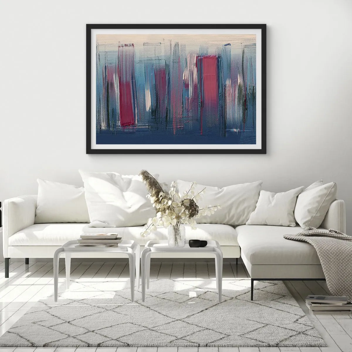 Poster in een zwarte lijst - Verticale compositie in blauw en rood - 70x50 cm