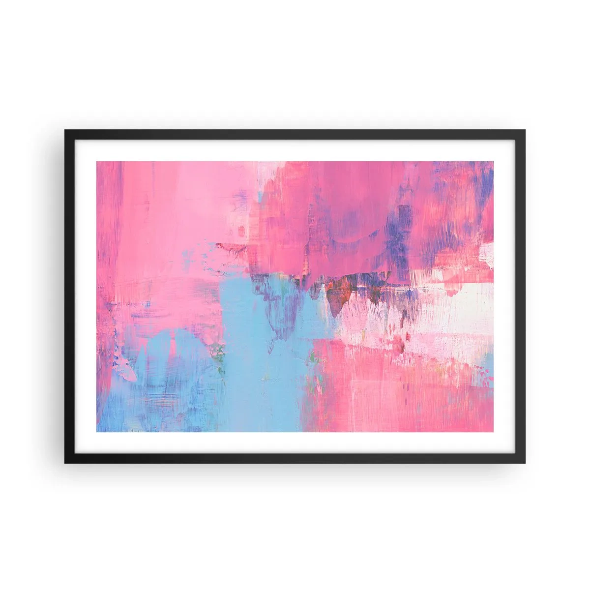 Poster in een zwarte lijst - Roze, blauw en een vleugje licht - 70x50 cm