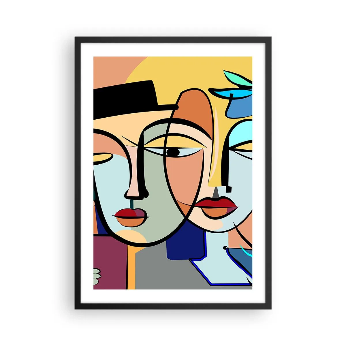Poster in een zwarte lijst - Kleurrijke abstracte compositie van gezichten in kubistische stijl - 50x70cm - Picasso's randez-vous - Moderne wanddecoratie voor woonkamer en slaapkamer ARTTOR