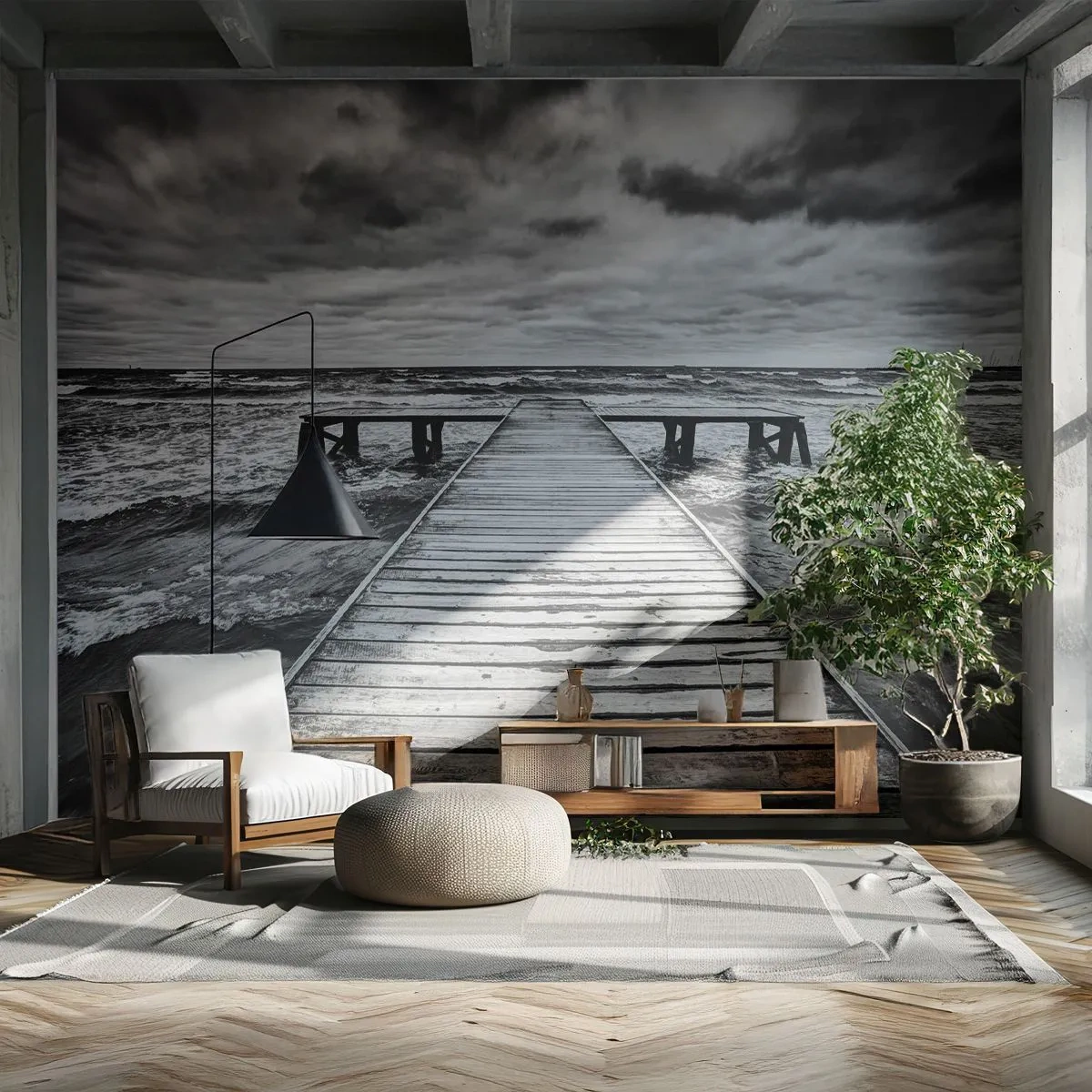 Fotobehang Premium Sand - Ik wacht tot de wind wegjaagt... - Landschap, Houten brug, Zee - 100x70 cm