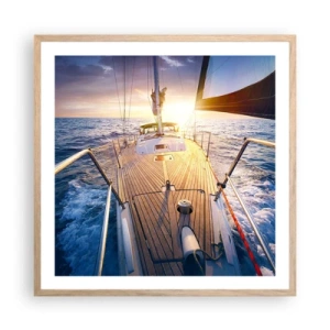 Een poster in een licht eiken lijst - Lopend op de golven - 60x60 cm