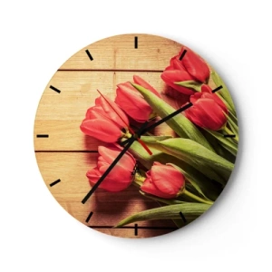 Wandklok - Klok - Rode tulpen op een houten achtergrond - 30x30cm - Lente bekentenis - Moderne wanddecoratie voor woonkamer, keuken en slaapkamer ARTTOR