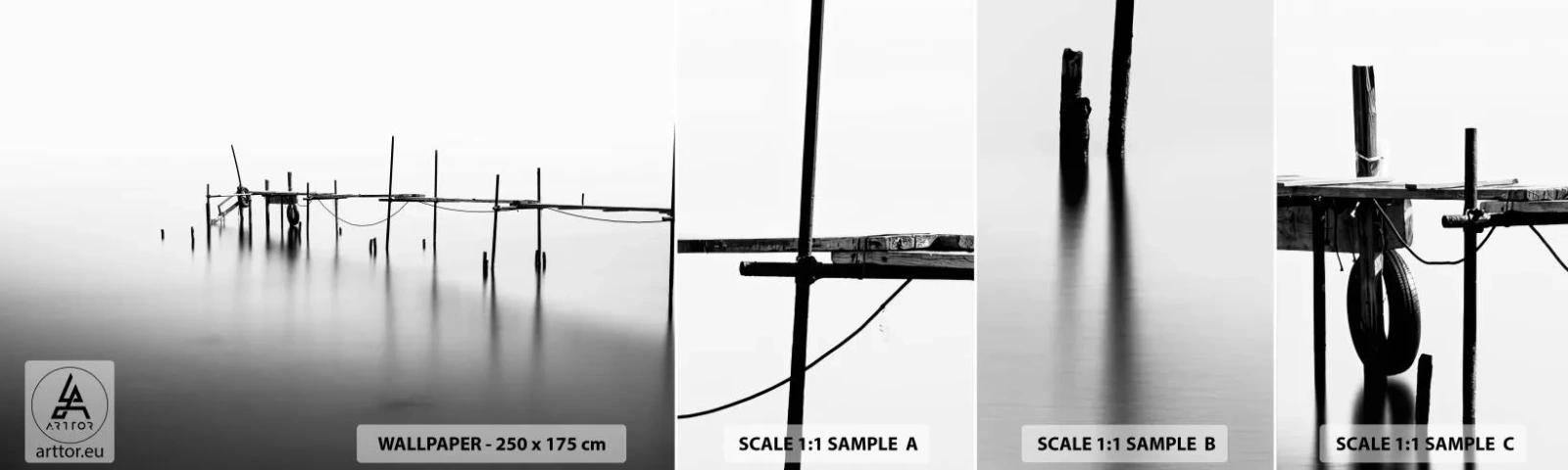 Fotobehang Staaltje Standard Eco - Wat als er geen wereld is? - Landschap, Houten brug, Zwart en wit - 100x30 cm