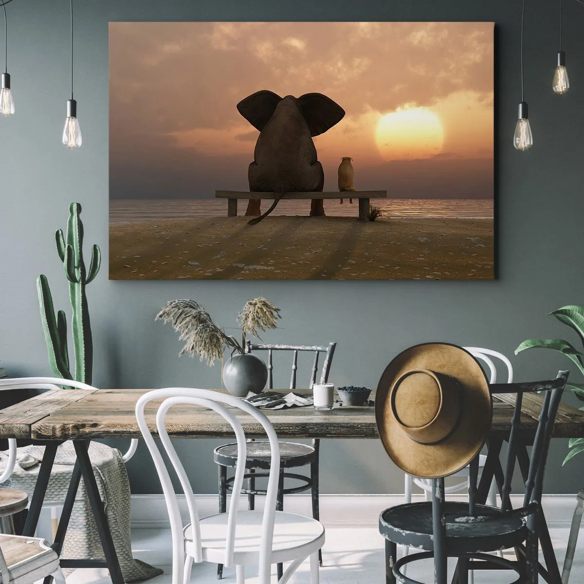 Schilderen op canvas - Een olifant en een hond zitten op een bankje op het strand tijdens zonsondergang. - 70x50cm - Het is goed om samen stil te zijn - Moderne wanddecoratie voor woonkamer en slaapkamer ARTTOR
