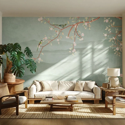 Fotobehang Premium Canvas - Lente, oh jij bent het - Pastel, Vogels, Bloemen - 350x256 cm