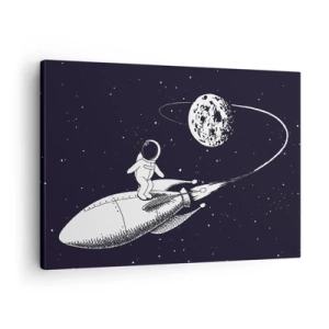 Schilderen op canvas - Astronaut op een raket in de ruimte - 70x50cm - Spacesurfer - Moderne wanddecoratie voor woonkamer en slaapkamer ARTTOR