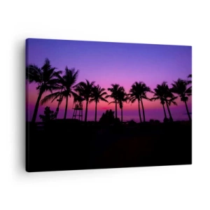 Schilderen op canvas - Silhouetten van palmbomen tegen een roze-paarse zonsonderganghemel - 70x50cm - Avond onder de palmbomen - Moderne wanddecoratie voor woonkamer en slaapkamer ARTTOR