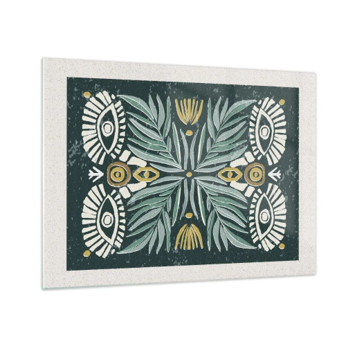 Schilderen op glas - Een symmetrische compositie van bladeren en patronen in een volksstijl - 70x50cm - Als een volksuitsnede - Moderne wanddecoratie voor woonkamer en slaapkamer ARTTOR