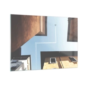 Schilderen op glas - Een vliegtuig boven de stad, gezien vanaf een binnenplaats tussen huurkazernes - 70x50cm - Boven het doolhof van de stad - Moderne wanddecoratie voor woonkamer en slaapkamer ARTTOR