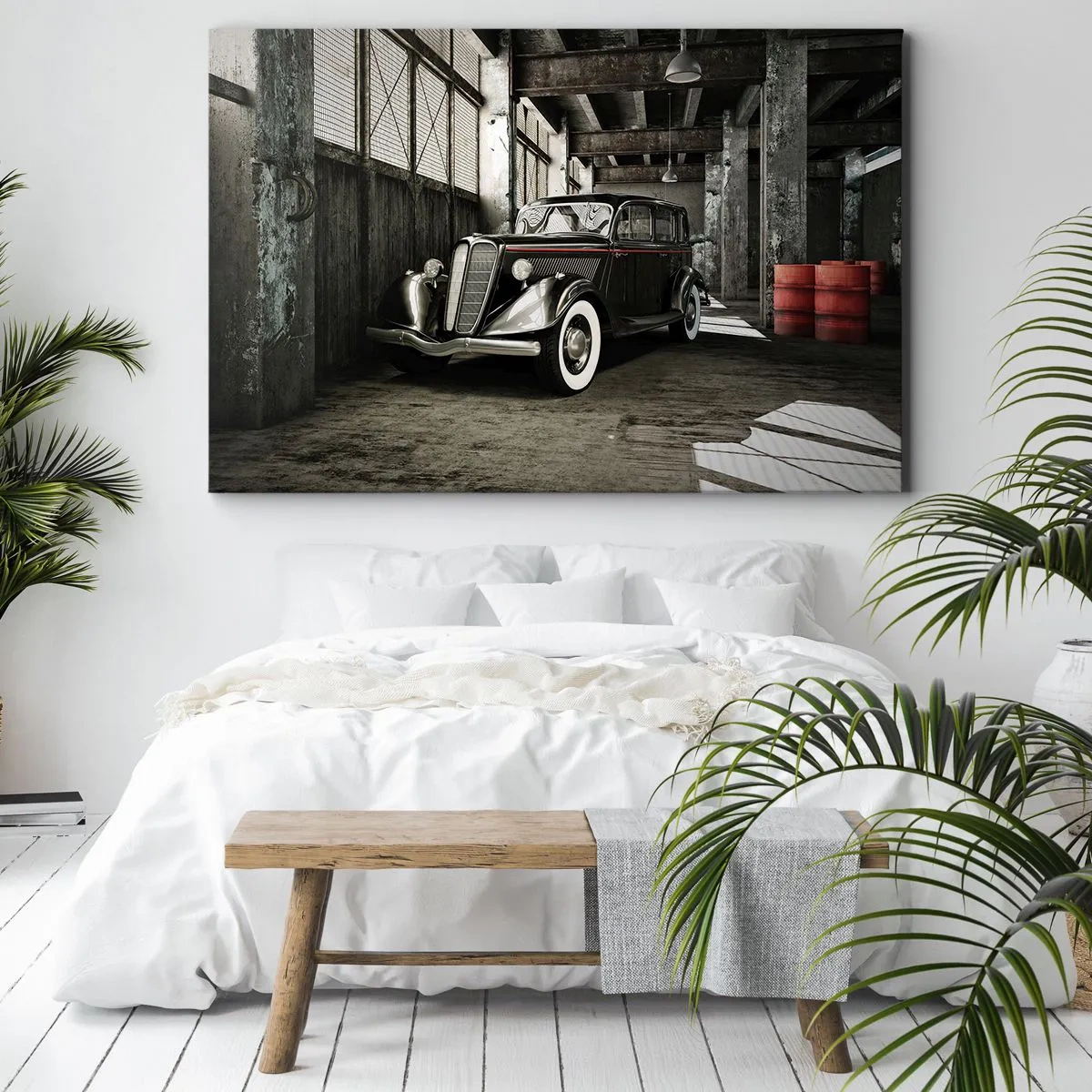 Schilderen op canvas - Stijlvolle retro-auto in een ruw pakhuis - 70x50cm - De eeuwige elegantie van de jaren 30 - Moderne wanddecoratie voor woonkamer en slaapkamer ARTTOR