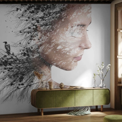 Fotobehang Standard Eco - De geest van het bos - Abstractie, Het gezicht van de vrouw, Boom - 450x315 cm