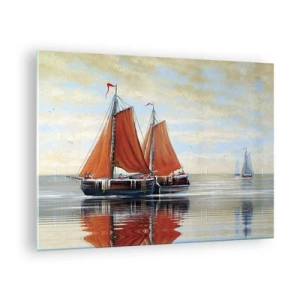 Schilderen op glas - Zeilschepen op een kalme zee bij zonsondergang - 70x50cm - Hé, zeil, matroos... - Moderne wanddecoratie voor woonkamer en slaapkamer ARTTOR