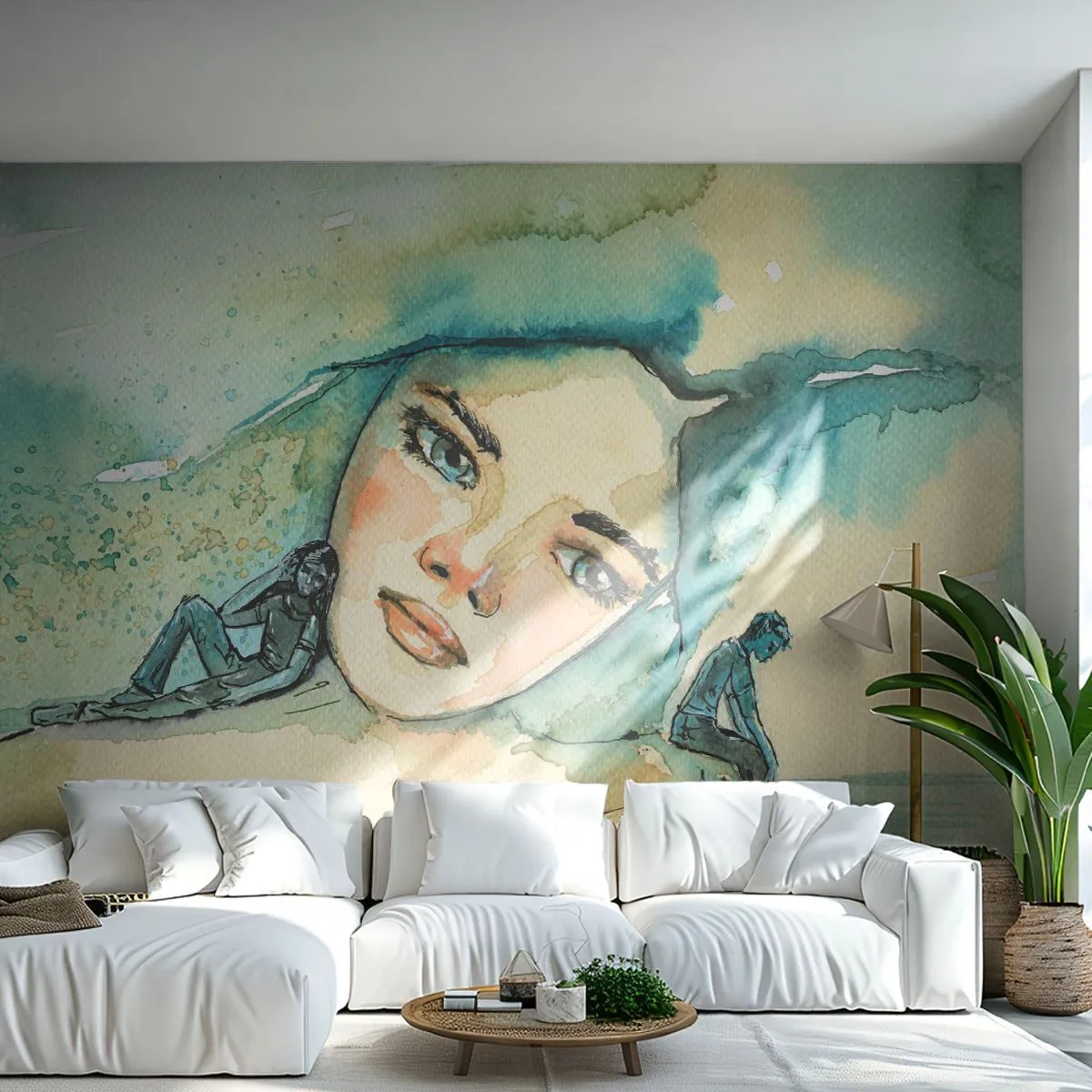 Zelfklevend Fotobehang Deluxe Sticker - Ben ik blauw? - Abstractie, Het gezicht van de vrouw, Schilderen - 350x256 cm