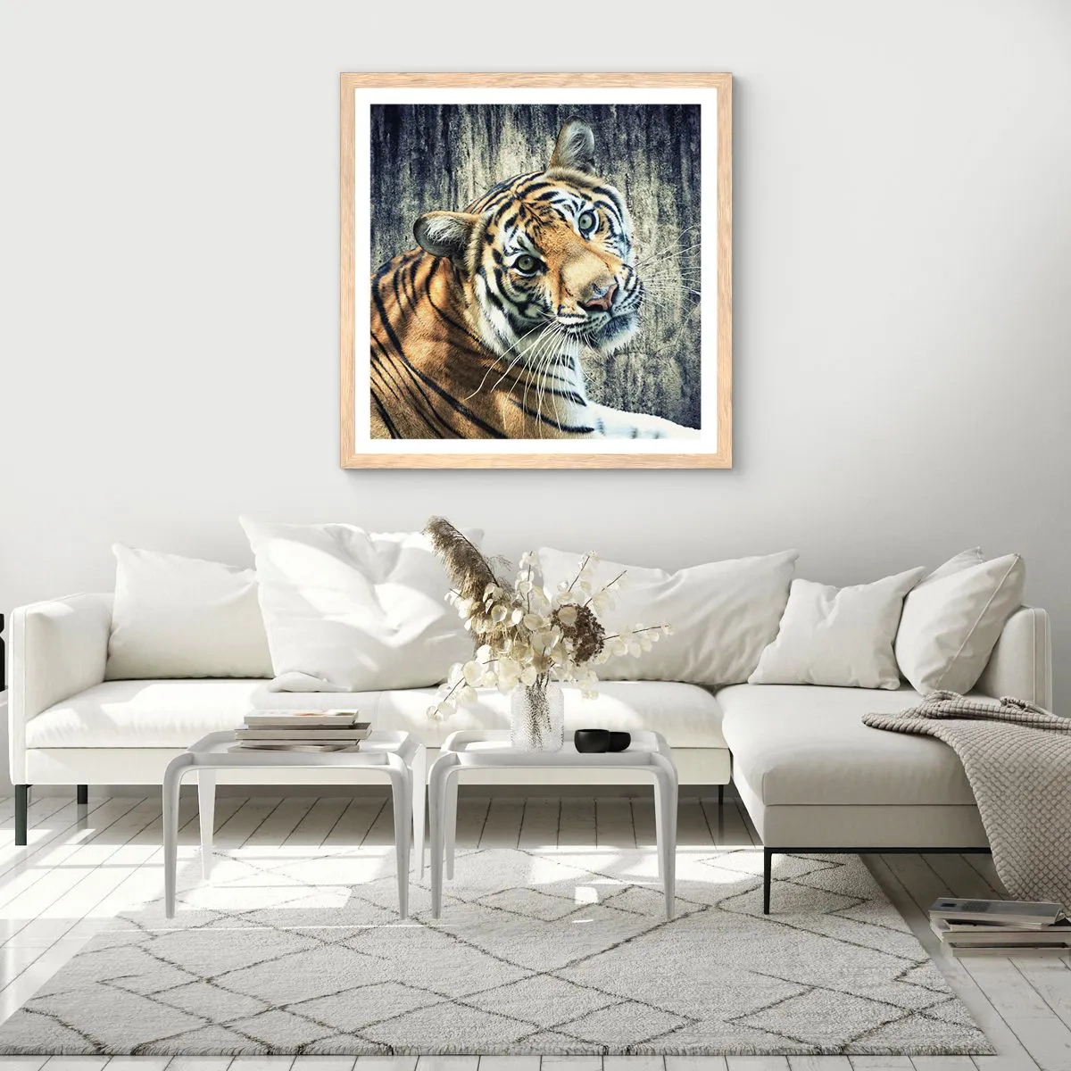 Een poster in een licht eiken lijst - Portret in stromen van licht - 60x60 cm